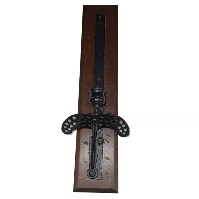 Vintage Wood Mounted Cast Iron Wall Hanging Candle Holder Medieval Gothic