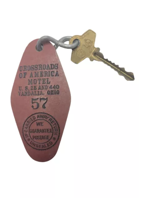 Vintage Crossroads of America Motel Vandalia, OH Leather Hotel Key Fob Rm 57