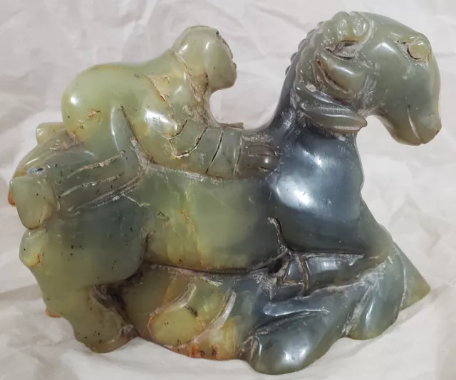 Nephrite Large Chinese Green Russet Jade Statue Boy Man Riding Goat Ram 890 gram
