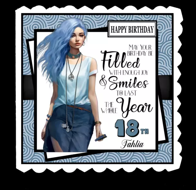 Trendy blue hair 16 17 18 21 any age & name handmade 3D birthday card