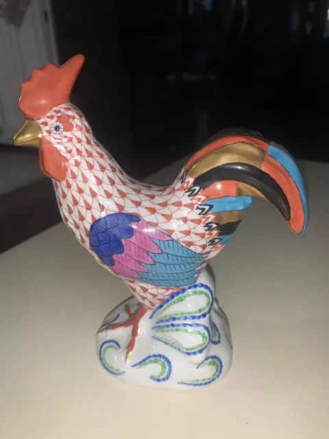 Herend Figurine - Rooster & Hen - Rust / Orange Fishnet Mint Condition