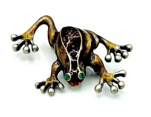 Pewter Brown Enamel Frog Brooch Pin Green Rhinestone Eyes