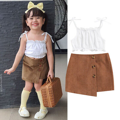 Toddler Kids Baby Girls Clothes Strap Ruffle Tops Button Skirt Dress Outfit Set