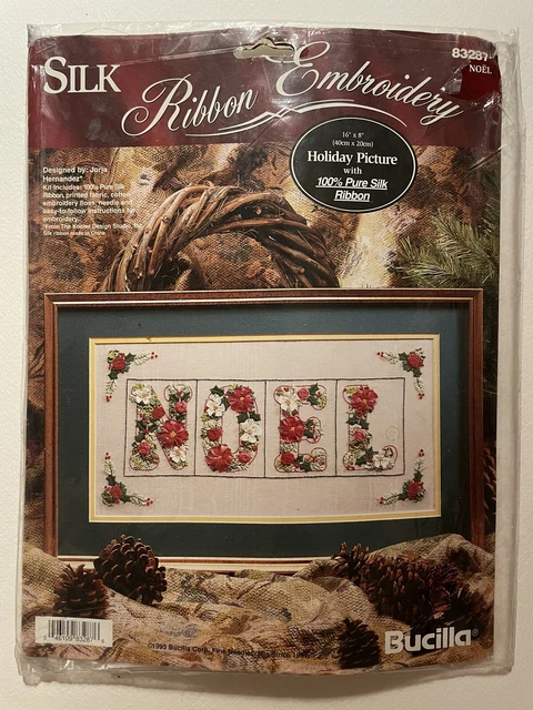 Kit de bandera de Navidad Bucilla Noel de colección cinta de seda 83287 16"" x 8"" nuevo de lote antiguo