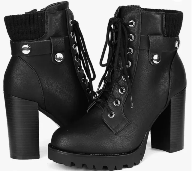 Women Lace Up High Chunky Block Heel Booties Side Zipper Winter Ankle Boots