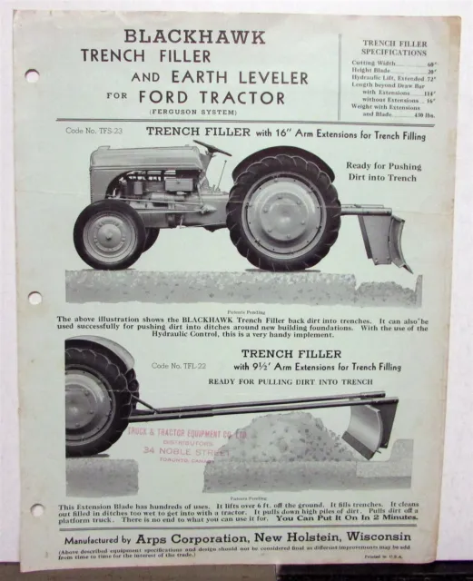 1950s Ford Tractor Blackhawk Trench Filler Specs Agriculture Sales Data Sheet