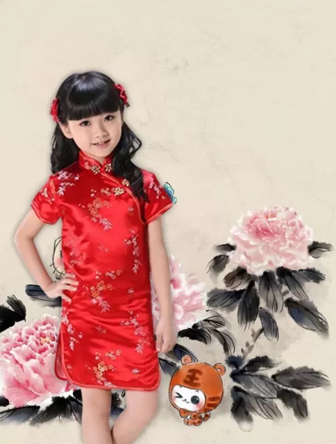 Chinese Oriental Childrens Girls Flower Red Satin Qipao Cheongsam Dress