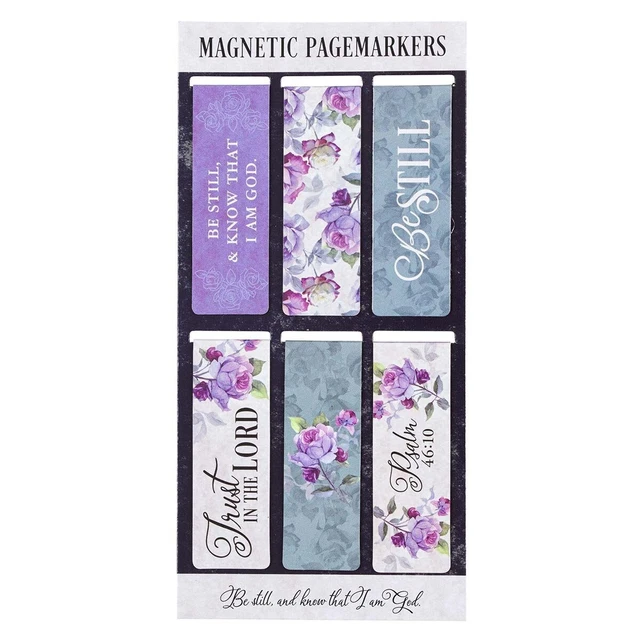 Set of 6 Be Still Purple Roses Inspirational Magnetic Bible Verse Bookmark