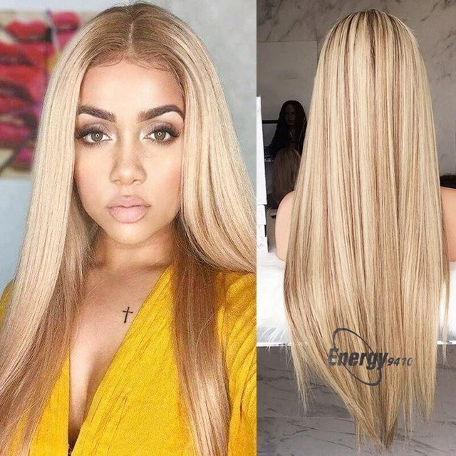 Women's Gradient Brown Gold Wigs Long Straight Wig High-temperature Silk 25.6"