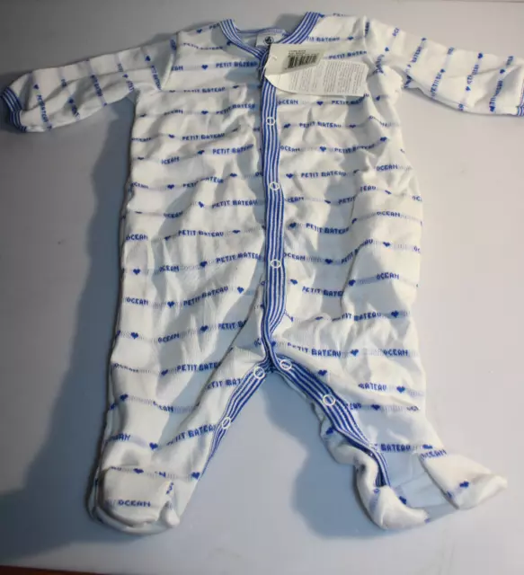 Petit Bateau Baby Strampler 1 Monat 54 cm Weiß Blau 100% Baumwollle