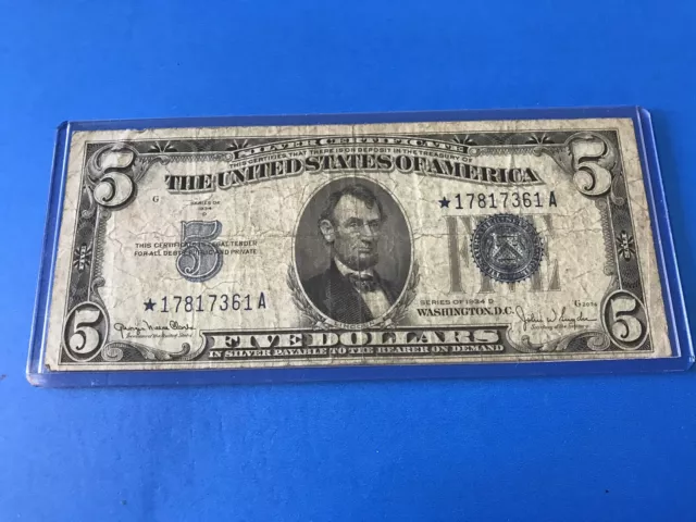 1934 D $5 Five Dollar Silver Certificate STAR NOTE.....Lot #3