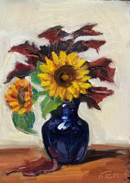 Still Life Original Small Oil Painting  -7” X 5” -Fall sunflowers With Blue Vase
