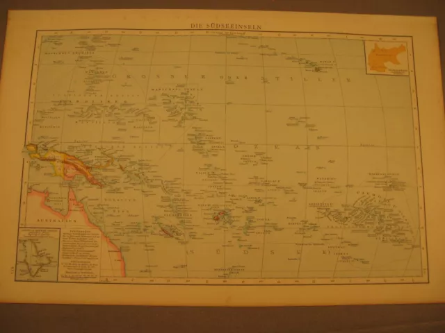 Die Südseeinseln mit Besitzungen.Antike Landkarte von 1887-Antique map