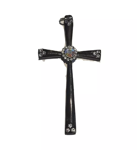 Gorgeous Black Metal Cross 3.57" Statement Pendant or Rosary Pc Rhinestones 7990