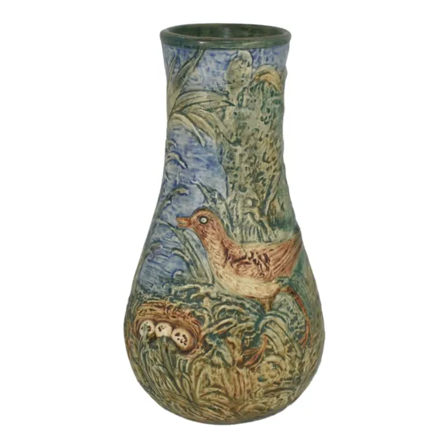 Weller Glendale 1920s Art Pottery Bird And Nest With Three Eggs Bulbous Vase