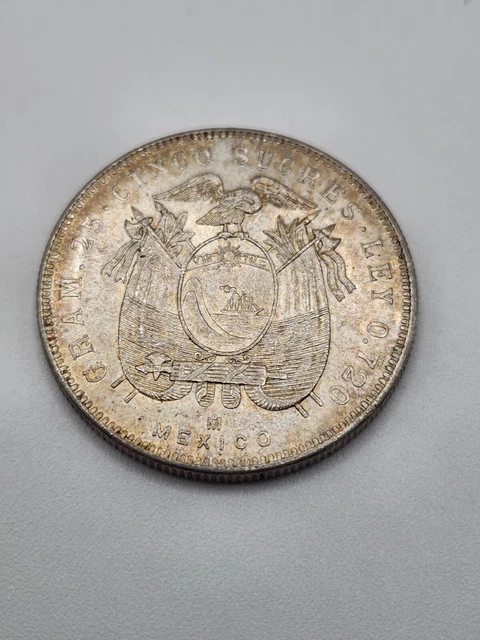 Very Nice 1943 Ecuador Mexico City Mint Cinco Sucres .720 Silver Coin Km# 79