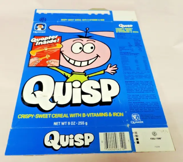 Quaker Oats Quisp Cereal Box Quopter Inside  9 Oz Late 1970's Used