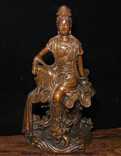 9.6 " Old Tibet Buddhism Bronze Gilt Seat Guanyin Kwan-Yin Buddha Lotus Statue