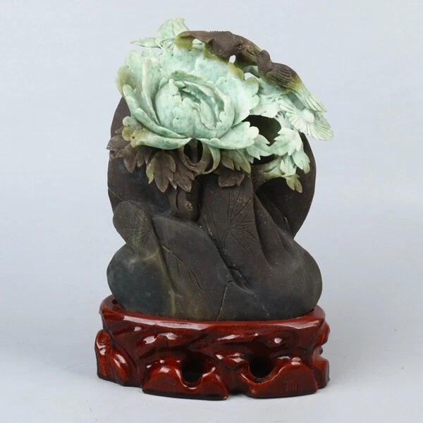 Chinese Exquisite Hand-carved Flower bird pattern Carving Dushan jade statue