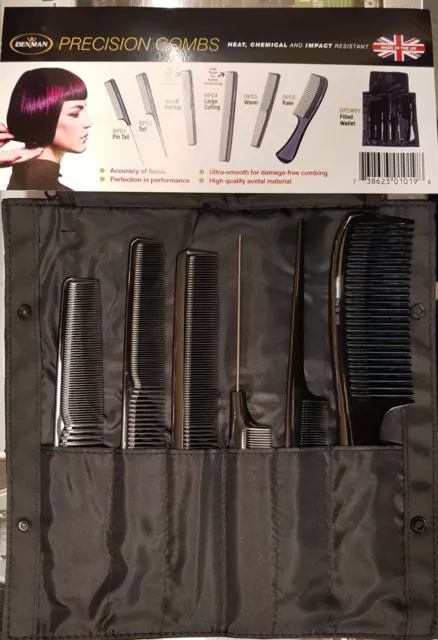 Denman DPC Full 6 Comb Set in a Tool Roll/Wallet/Holder Combs *BLACK*