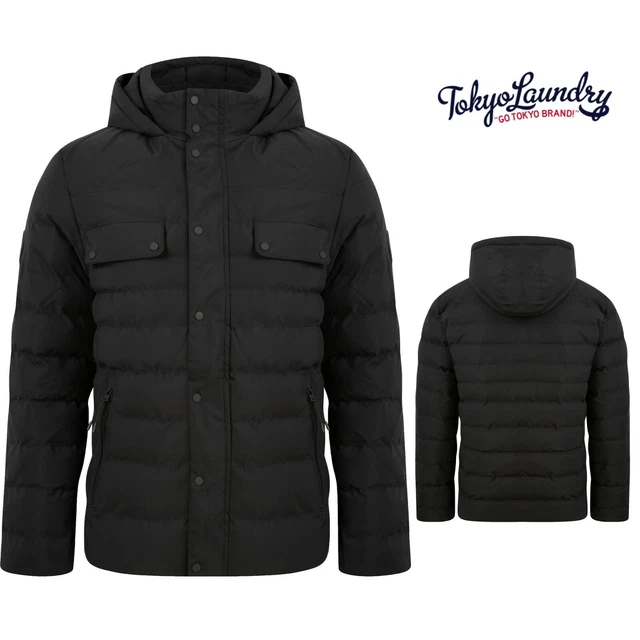 Mens Tokyo Laundry Black Quilted Puffer Jacket Hooded Bubble Coat Padded New