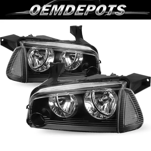 For 2006-2010 Dodge Charger Black Headlights Clear Corner Headlamps Set of 2PC