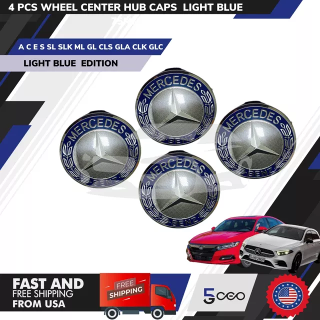 4 PCS MERCEDES BENZ WHEELS CENTER CAPS LIGHT BLUE EMBLEM 75MM OEM Mercedes C E S