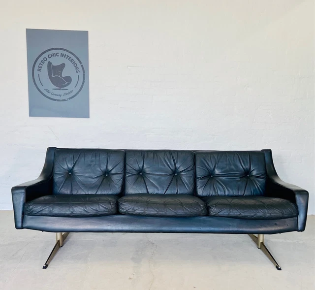 VINTAGE DANISH MID CENTURY  SKIPPER 3 PERSON SOFA IN BLACK LEATHER 1970,s