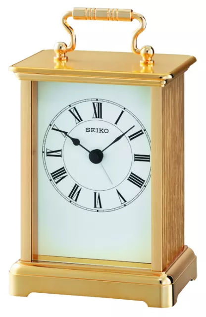 Seiko Gold Tone Quartz Battery Mantle Carriage Clock, Clear White Face QHE093G