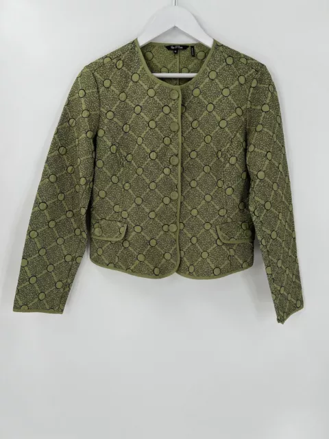 Nic + Zoe Womens Jacket Medium Green Black Quilted Embroidered Pockets Buttons