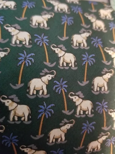 Jim Thompson Mens 100% Silk Tie Green with Elephants Palm Trees