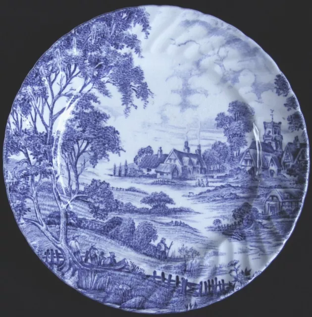 Ridgway Meadowsweet Blue & White 8" Ironstone Plate - Village Scene, Swirl Edge