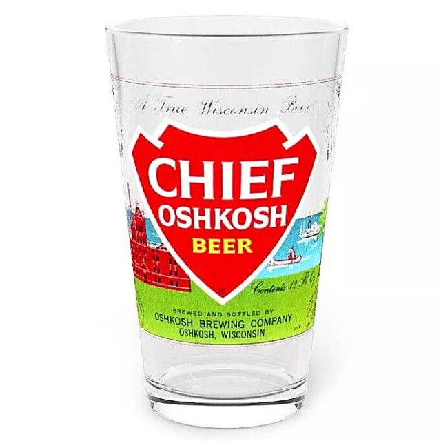 Chief Oshkosh Pint Glass, Oshkosh WI Brewing Beer Label Pub Bar Supper Club Ale