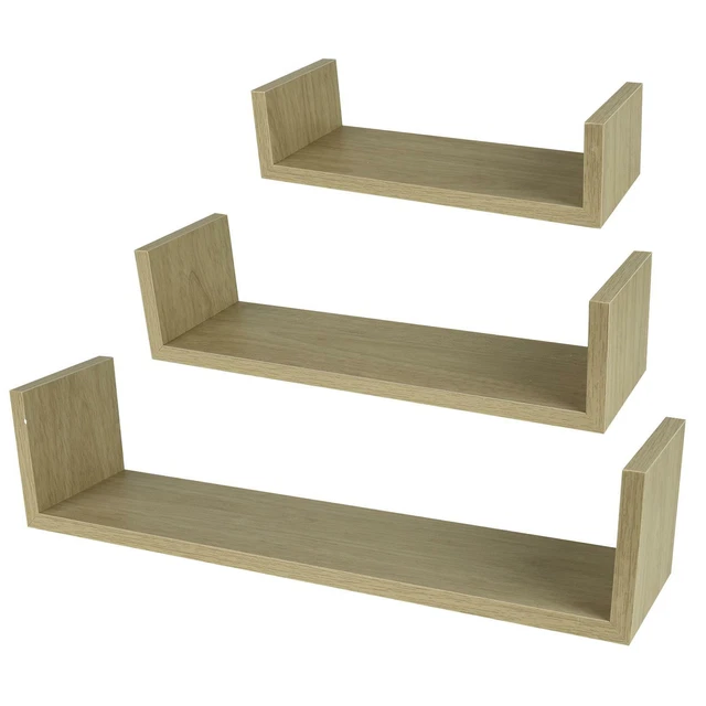 3 U SHAPED Floating Wooden Shelves Wall Mounting Shelf Storage Display Unit Oak £8.99 PicClick UK