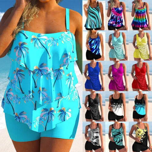 Plus Size Women Padded Tankini Set Swimming Costume Beachwear Bathing Swimsuit