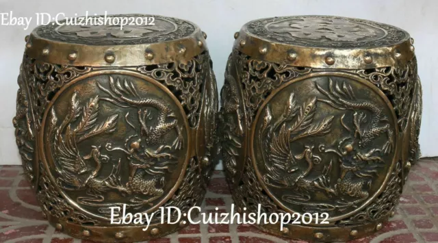 Collect Bronze Dragon Phoenix Hollow out Plum flower Magpie Stool Chair Pair