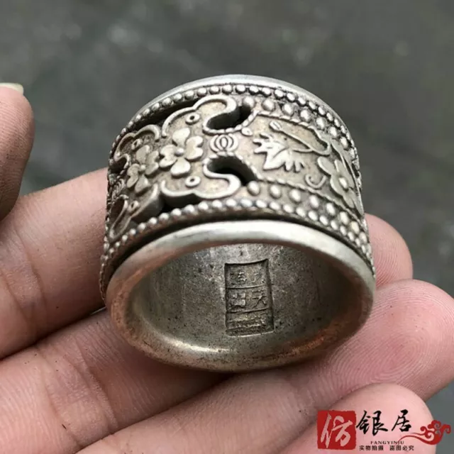 Exquisite Old Chinese tibet silver handcarved flower Pull finge Ring statue 9026 3