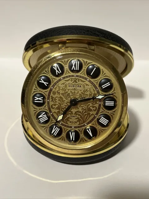 Vintage Europa 2Jewels Travel Alarm Clock Germany Works Gold Tone 3”D