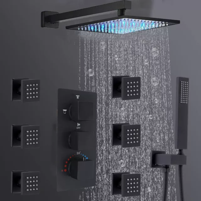 12'' Black Thermostatic LED Shower Faucet Set Massage Rainfall Head Combo System