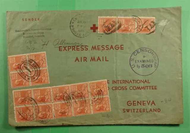 DR WHO 1943 POW WWII CENSORED RED CROSS EXPRESS AIRMAIL TO SWITZERLAND Lj76664