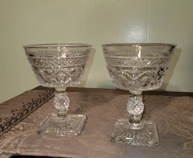 Vintage Square Pedestal Clear Pressed Cut Glass Dessert Dish Set of 2