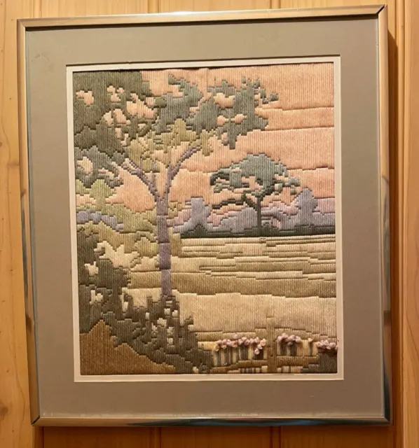 Framed Completed, Trees, Long Stitch, Silver frame  #37