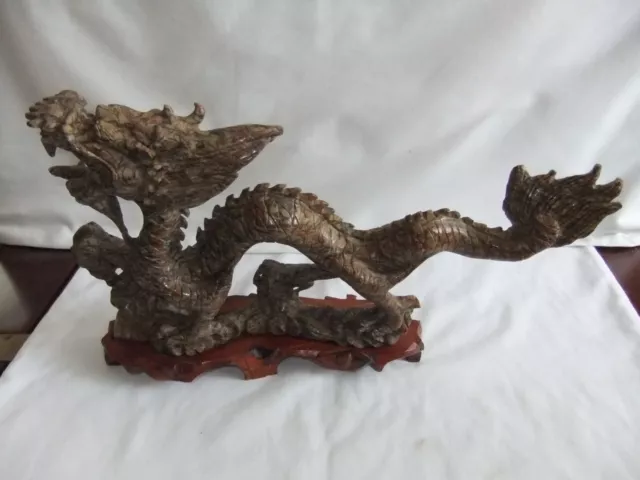 Antique Hand Carved Onyx/Marble Ornate Dragon on Wood Stand Height 18x32x7 cm