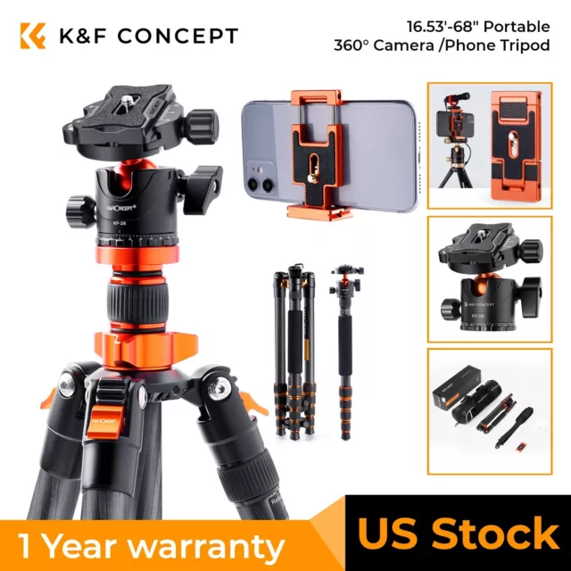 K&F Concept 16"-68" Carbon Fiber Camera/Phone Tripod 360° Ball Head Lightweight