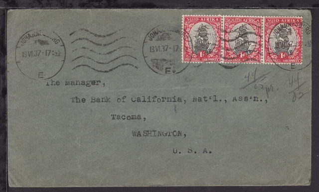 SOUTH AFRICA 1937 JOHANESBURG COVER Strip of 3 VAN BEECK SHIP Stamps to TACOMA