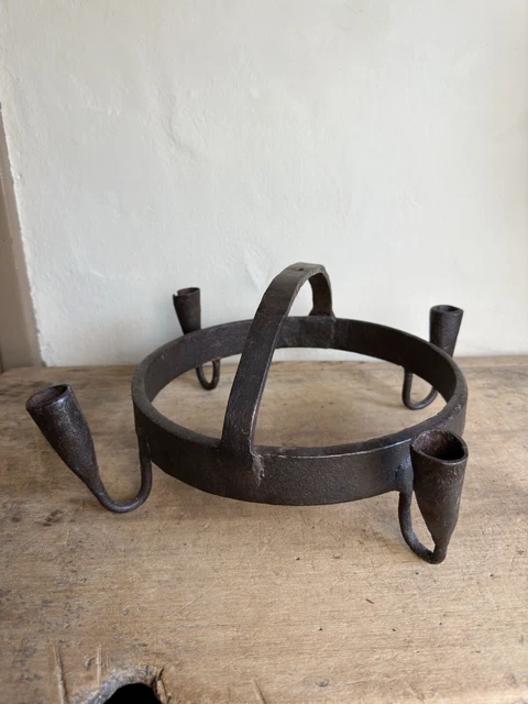 Old Iron Hand Forged Hanging 4 Arm Candle Chandelier Lighting Device Patina