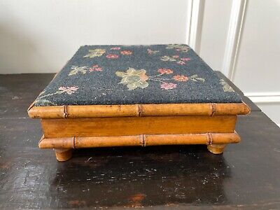 Unique French Antique Bamboo Upholstered Footstool Warming Stool W Brass Insert 3