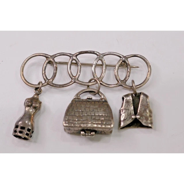Rare VTG Silver Seamstress Sewing Charm Brooch Nuvo Charms Purse Dress Form Vest