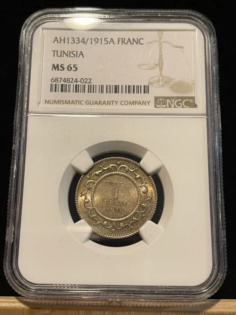 TUNISIA 1 Franc 1915 A, NGC MS 65 Gem UNC Uncirculated, Toned & Lustrous Rare.A2