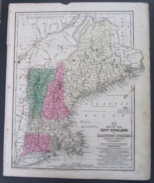 Scarce©1839 Mitchell Map New England(ME,VT,NH,MA,CT,RI) ME's Disputed Boundaries